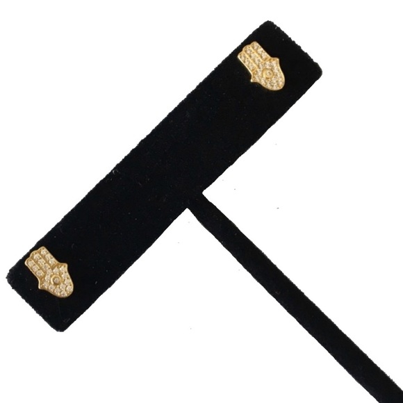 new Pave Cubic Zirconia Hamsa Stud Earrings ❃ 14KT Gold Plated Sterling Silver ❃ - Picture 11 of 16